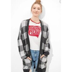 American Eagle Gray & White Buffalo Plaid Knit Cardigan Sweater Size Large